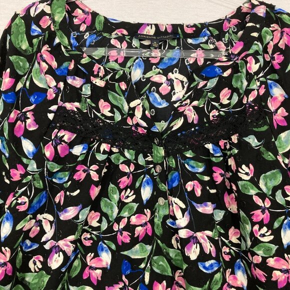 Adrienne Vittadini Black Multi Color Floral V Neck Lace Detail Popover Blouse XL - Picture 4 of 10
